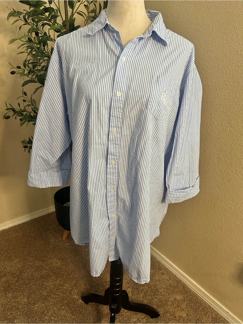 Lauren Ralph Lauren Button Up Sleep Shirt Blue White Striped Cotton Size XL - Picture 3 of 10